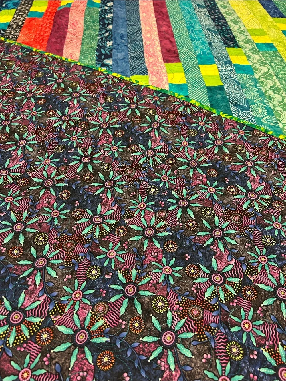 ONE OF A KIND- HANDCRAFTED Multicolor Strip Quilt - Vibrant Green, Blue & Pink